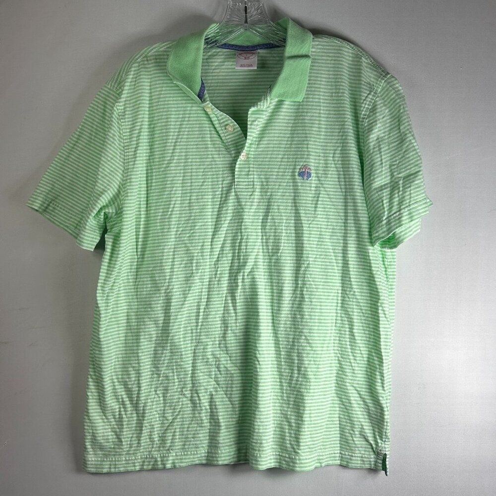 Brooks Brothers Shirt Polo Mens Large Green White Striped Golf blue pink logo